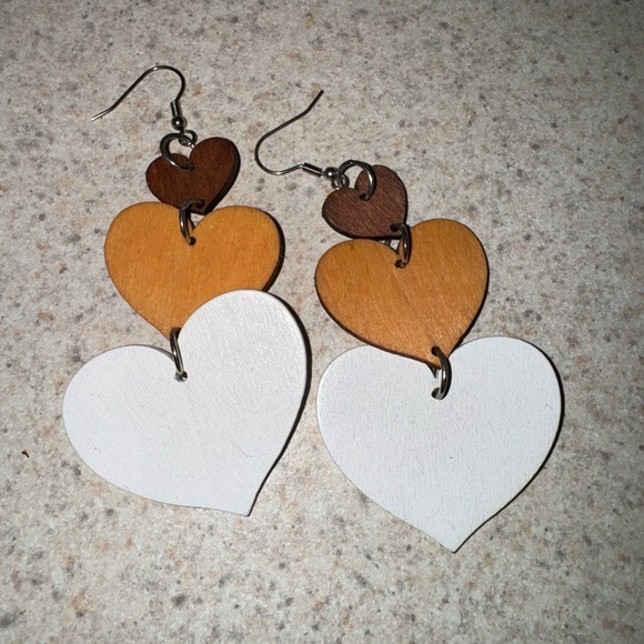 None Jewelry - Triple Heart Wooden Earrings